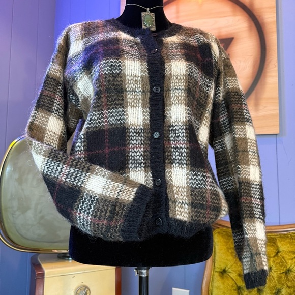 Vintage 90s Paul Harris Design Mohair Tartan Plaid Cardigan Size M - Picture 2 of 4